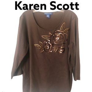Karen Scott Embellished 3/4 Sleeve Cotton Pullover Top Brown L